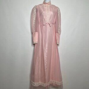 Vintage 70s Jean Allen Pastel Pink Chiffon Taffeta Ivory Lace Prairie Maxi Dress